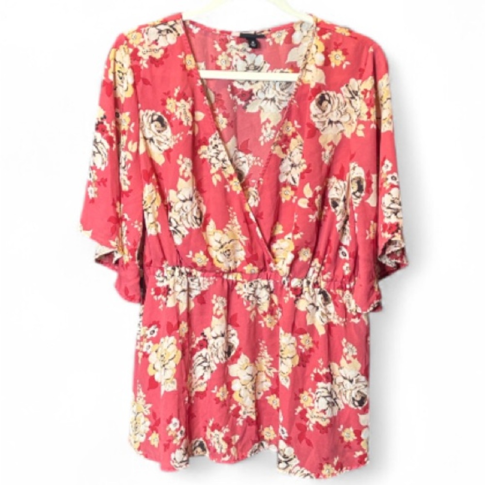 Torrid - Flowy Pink Floral Mock Wrap Wide Sleeve Top - Size Large